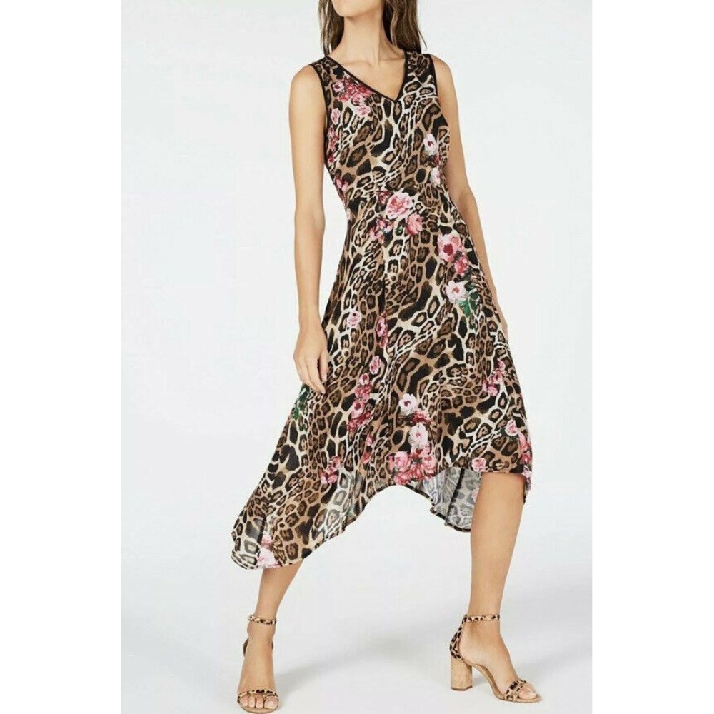 INC Womens‎ New Brown Printed V Neck Sleeveless Midi Trapeze Dress 10